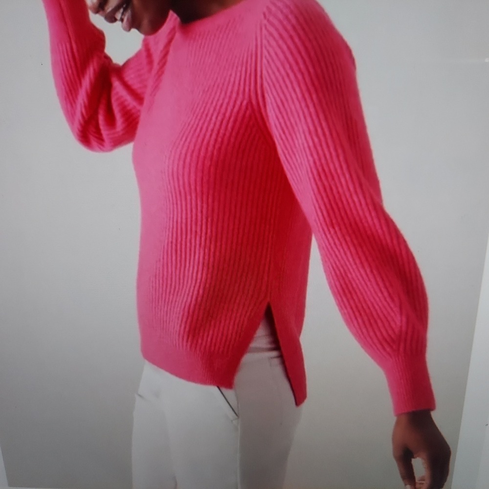 Athleta Women Wool Sweater S Pink Barbiecore Ribbed Balloon Sleeve Side Slit
